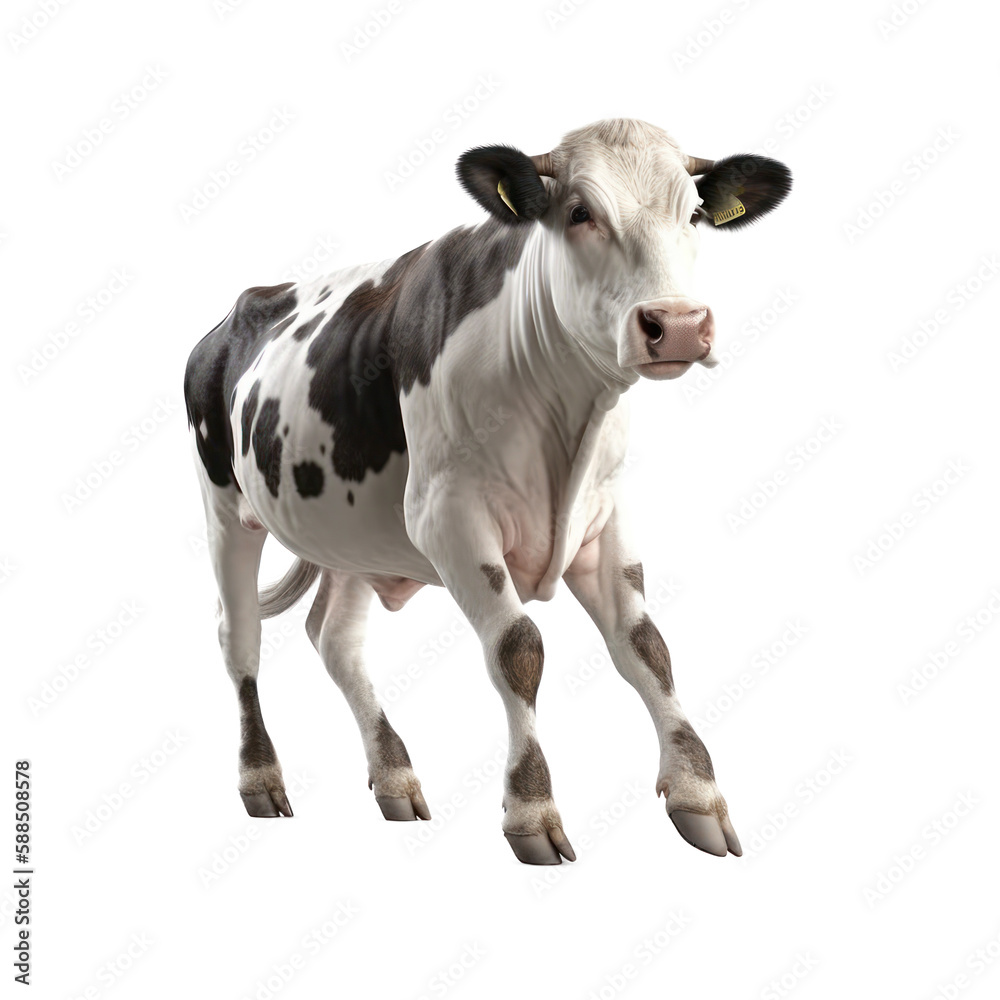 Happy smiling cow jumping, isolated background. Generative AI