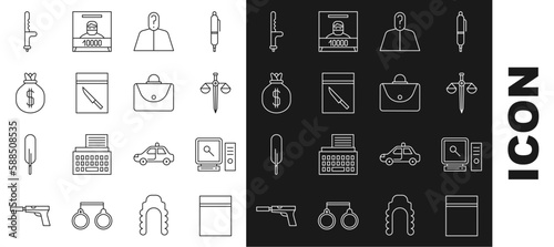 Set line Plastic bag with ziplock, Search on computer screen, Scales of justice, Anonymous question mark, Evidence and knife, Money, Police rubber baton and Briefcase icon. Vector