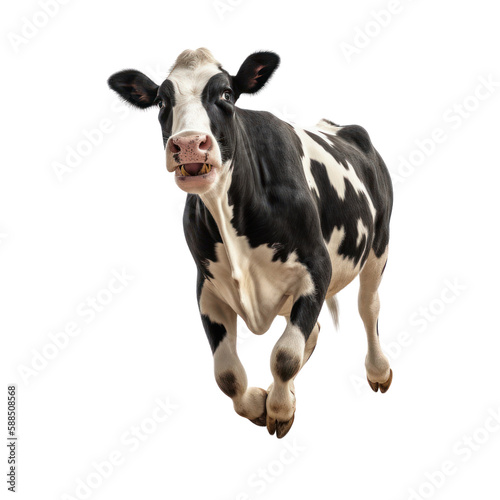 Happy smiling cow jumping, isolated background. Generative AI