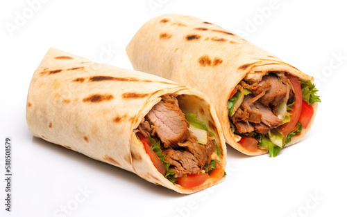 Doner kebab rolls , a shawarma in a pit of fresh vegetables and meat. Concept menus and advertisement. Generative AI