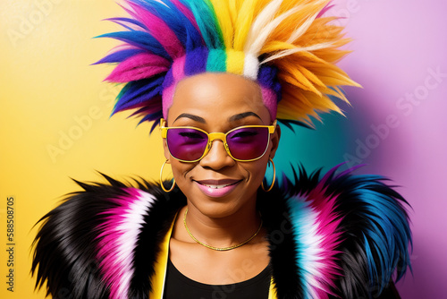 Portrait of an african woman with colorful hair and sunglasses on abstract painted background, summer vibrancy. Generative AI.