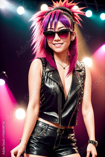 Portrait of an asian young woman, as rock star, with red hair and sunglasses on a stage with lights and illumination. Generative AI.
