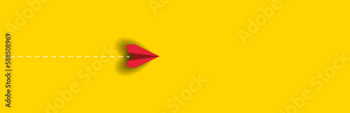 red paper airplane is flying on yellow background.new job, walking alone, idea concepts