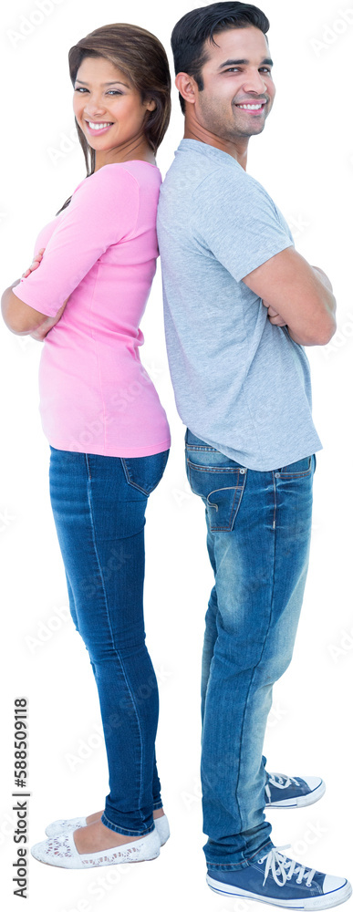 Obraz premium Happy couple standing back to back