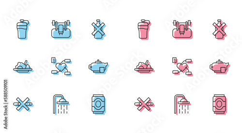 Set line No Smoking, Shower head, Fitness shaker, Soda can, Attention to health heart, Teapot with cup, Healthy food and Bench barbel icon. Vector