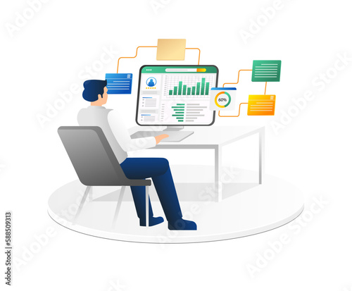 Businessman working on laptop and analyzing financial data. Vector illustration.