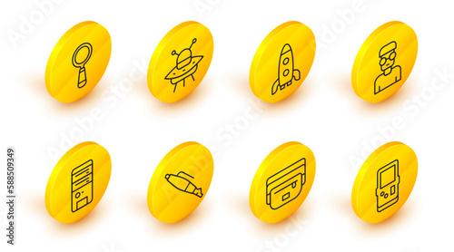 Set line Tetris, Waist bag of banana, Fountain pen nib, Computer, Nerd geek, Rocket ship, UFO flying spaceship and Magnifying glass icon. Vector