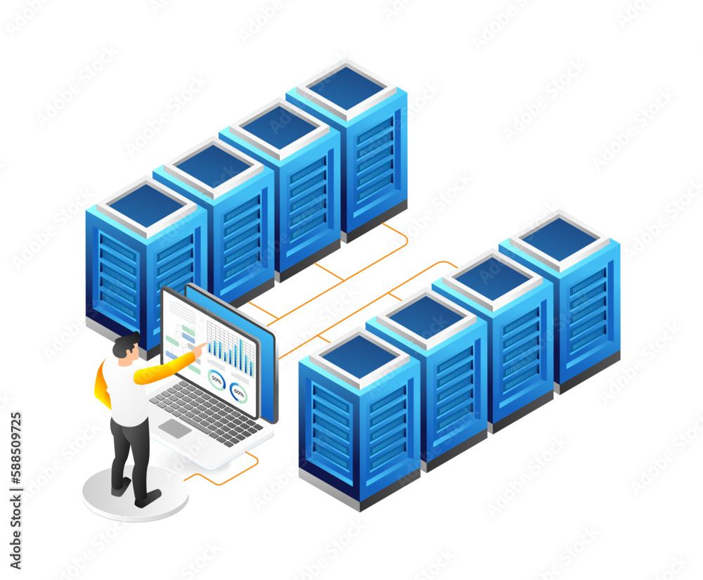 Isometric datacenter server room concept. Server room data center. Vector illustration Isometric datacenter server room concept. Server room data center. Vector illustration