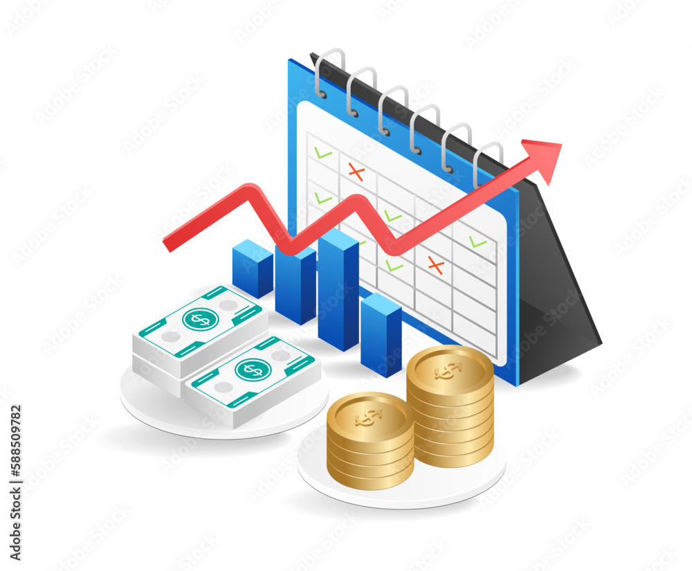 Business chart and coins on a white background. Isometric vector illustration. Business chart and coins on a white background. Isometric vector illustration.