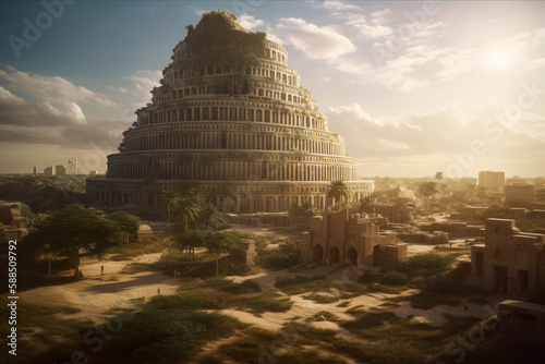 Ancient city of Babylon with the tower of Babel, bible and religion. AI generated, human enhanced photo