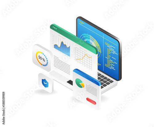 Isometric flat design concept of web analytics data analysis business reporteting research. Vector illustration