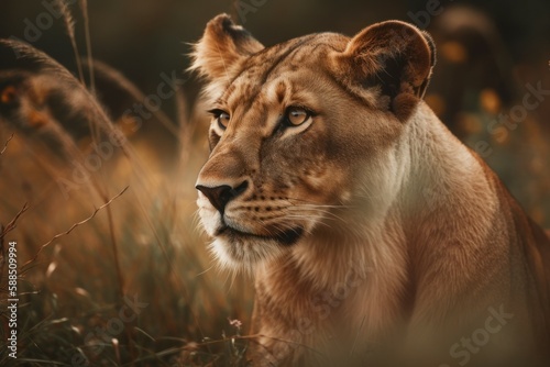 Beautiful lioness in nature in a natural habitat. AI generated  human enhanced