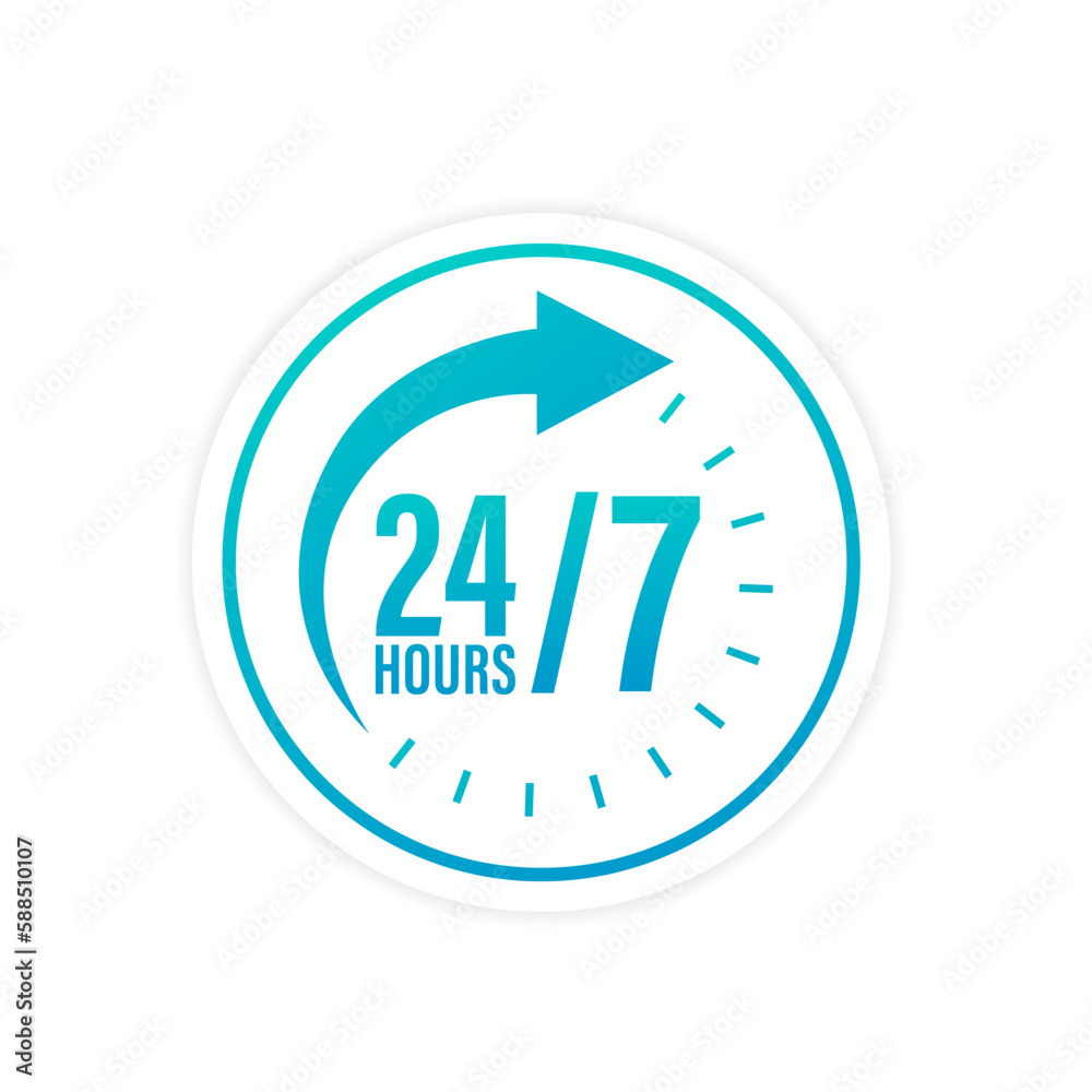 24 7 button. 24-7 open, concept with timer. Banner 24 hours a day open. Web button for banners and sites. Support service icon. Vector illustration 24 7 button. 24-7 open, concept with timer. Banner 24 hours a day open. Web button for banners and sites. Support service icon. Vector illustration
