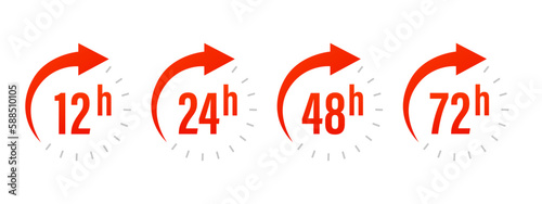12, 24, 48, 72 hours clock arrow. Work time effect or delivery service time. Fast delivery concept. Vector illustration