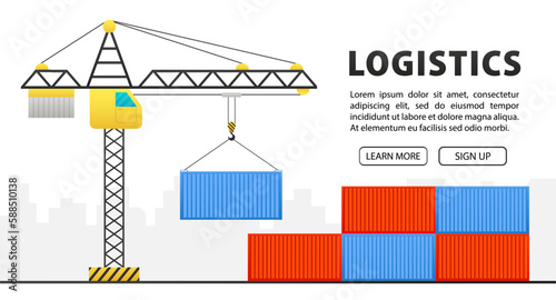 Cargo container logistic. Cargo transport container hangs on a crane hook. Crain and container on warehouse. Freight transport and logistics concept. Freight Shipping concept. Vector illustration photo