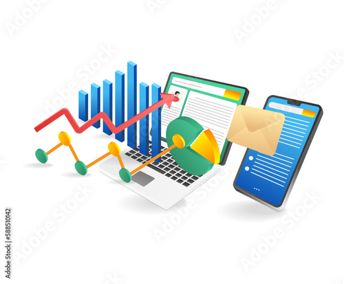 Laptop mobile phone and business graph. Isometric vector illustration.