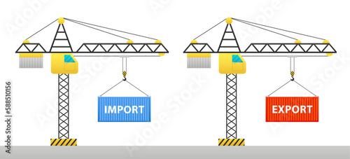 The crane lifts the container. Cargo container logistic. Freight Shipping concept. Cargo transport container. Flat style. Import and export. The concept of worldwide shipping. Vector illustration