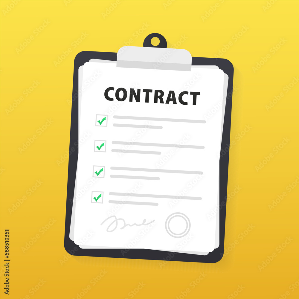 Contract documents. Document. A folder with a stamp and text. A document with a stack is agreed with a signature and seal of approval. Isolated on yellow background. Vector illustration Contract documents. Document. A folder with a stamp and text. A document with a stack is agreed with a signature and seal of approval. Isolated on yellow background. Vector illustration