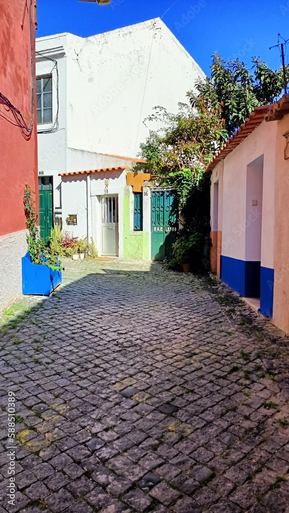 An alley in the center of Lisbon and the entrance to a traditional-style apartment building