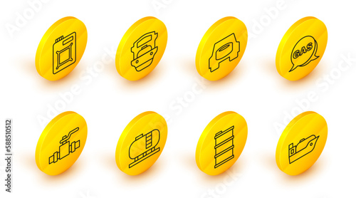 Set line Oil tanker ship, Barrel oil, storage, Metallic pipes and valve, Location gas station, Spare wheel in the car, and Canister for motor icon. Vector