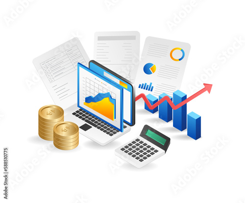 Isometric flat 3d concept of business analysis, financial report, accounting, statisticseting research, data analysis.