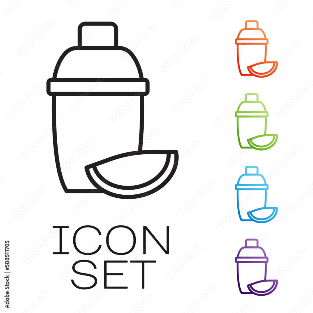 Black line Cocktail shaker with lime icon isolated on white background. Set icons colorful. Vector Black line Cocktail shaker with lime icon isolated on white background. Set icons colorful. Vector