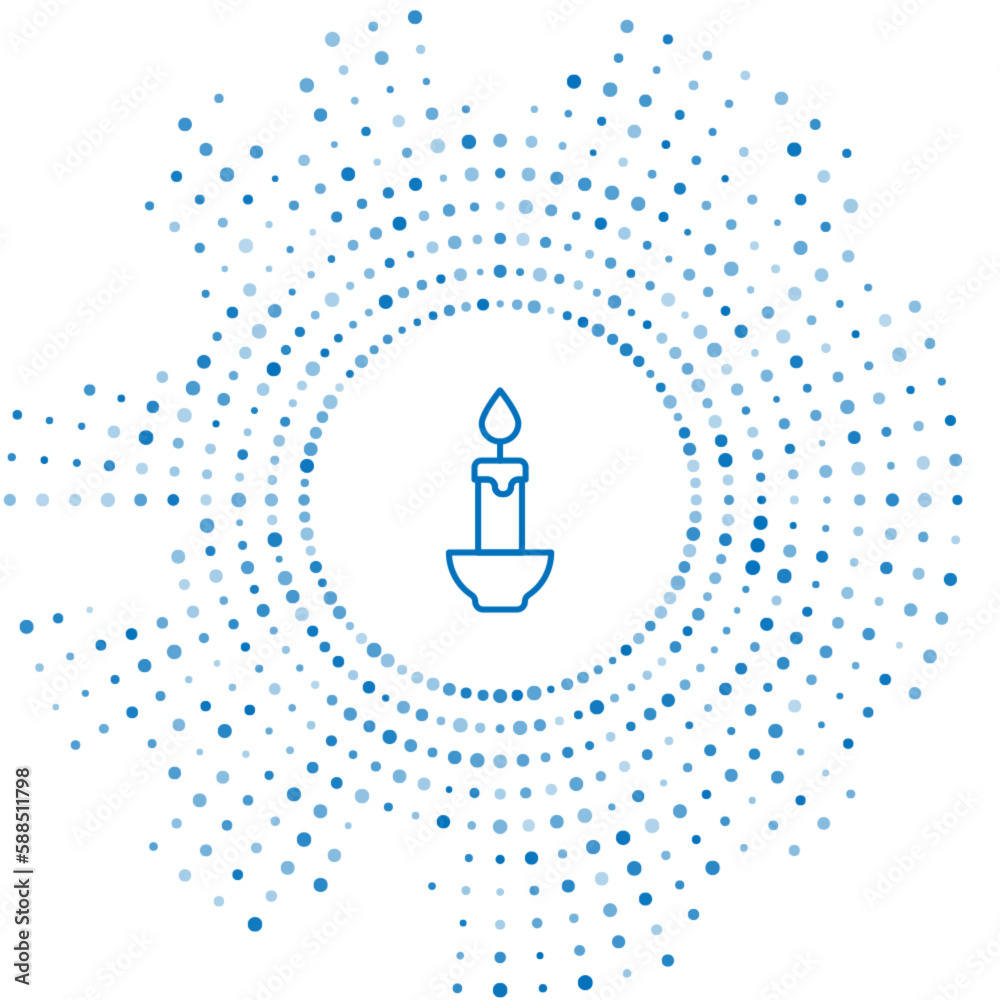 Blue line Burning candle icon isolated on white background. Cylindrical candle stick with burning flame. Abstract circle random dots. Vector Blue line Burning candle icon isolated on white background. Cylindrical candle stick with burning flame. Abstract circle random dots. Vector