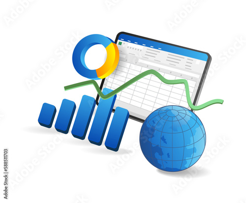 Business graph with globe and chart on white background. Vector illustration.