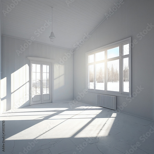 abandoned, empty living room whit white walls, sunshine through the window and winter scenery outside. created with Generative AI technology