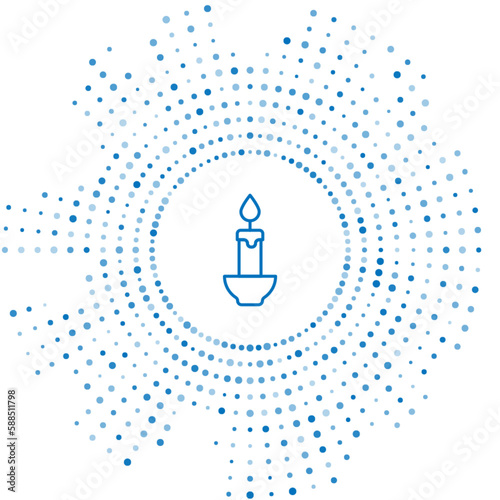 Blue line Burning candle icon isolated on white background. Cylindrical candle stick with burning flame. Abstract circle random dots. Vector