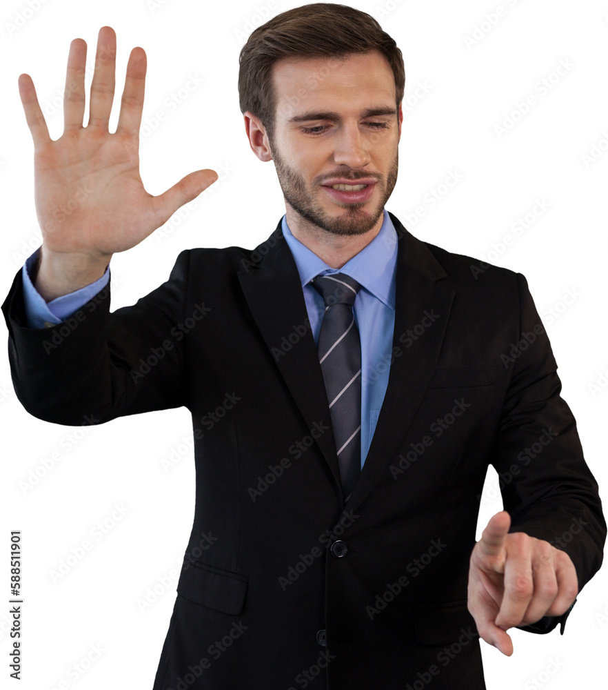 Smiling businessman in suit using invisible interface Smiling businessman in suit using invisible interface