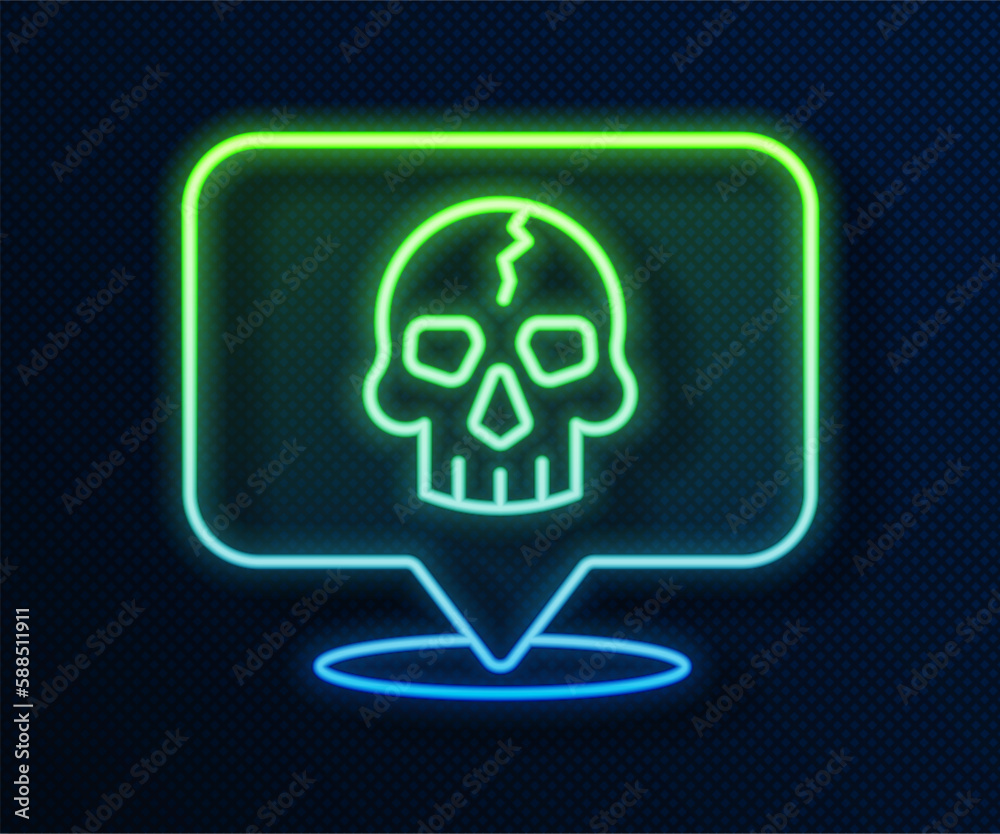 Glowing neon line Skull icon isolated on blue background. Pirate captain. Happy Halloween party. Vector Glowing neon line Skull icon isolated on blue background. Pirate captain. Happy Halloween party. Vector
