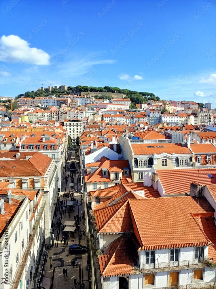 Top view of streets and houses in Lisbon with ceramic tiles and blue sky