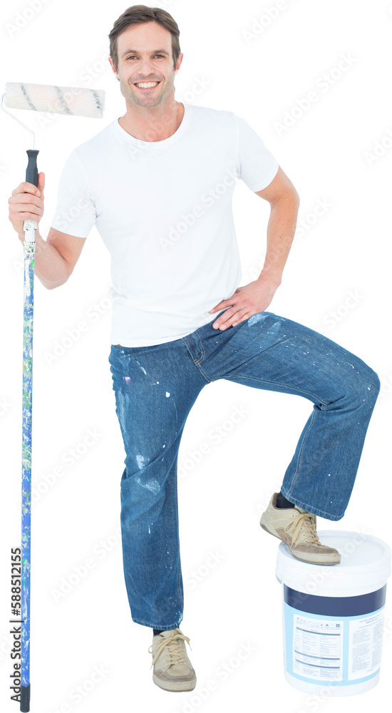 Man with paint bucket and roller on white background