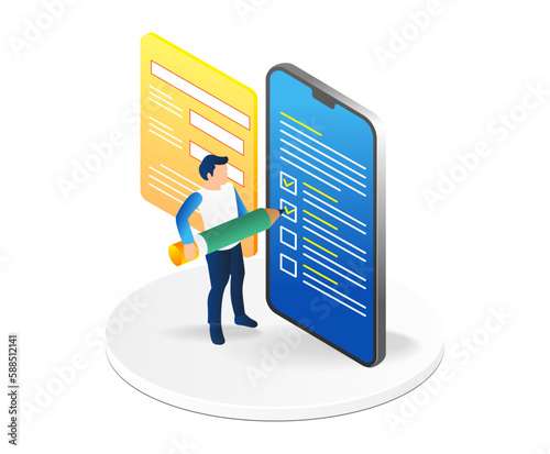 Isometric online survey. Online questionnaire form on smartphone screen. Online questionnaire form. 3d vector illustration.