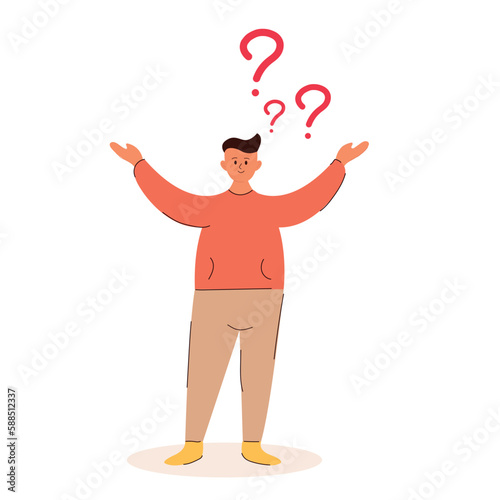 A young, fat guy with unfolding arms thinks about what to do, characters with question marks. Student or businessman thinking, pondering. Vector illustration on white background © leskovets