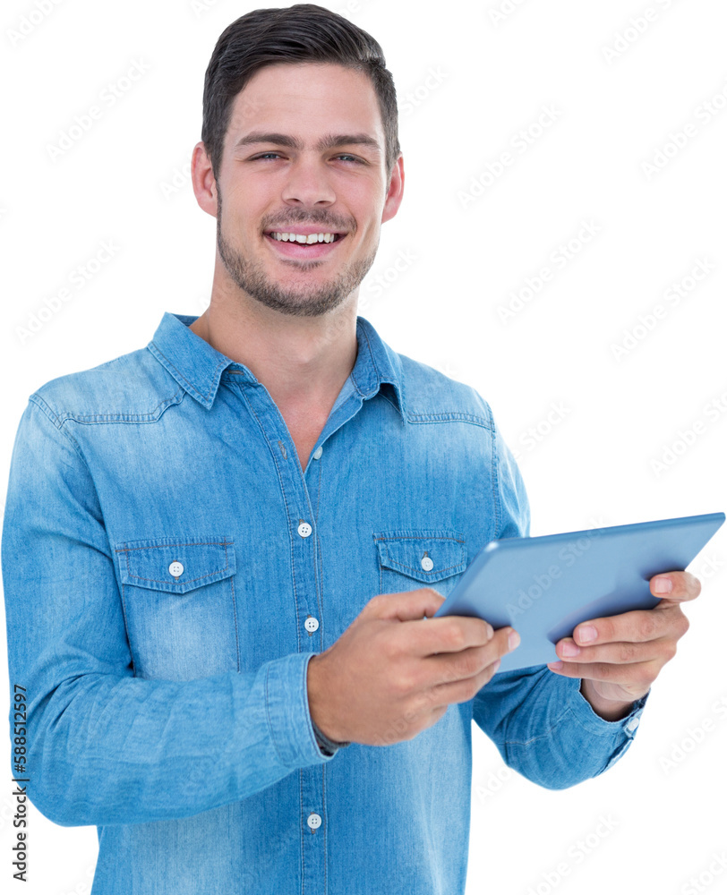 Man holding digital tablet over white background Man holding digital tablet over white background