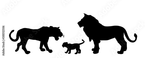 Lion family vector silhouette illustration isolated on white. Lioness with baby calf cub and lion male shadow. Animal king shape. Big cat. Pride of Africa. Leo zodiac symbol. African wildlife predator