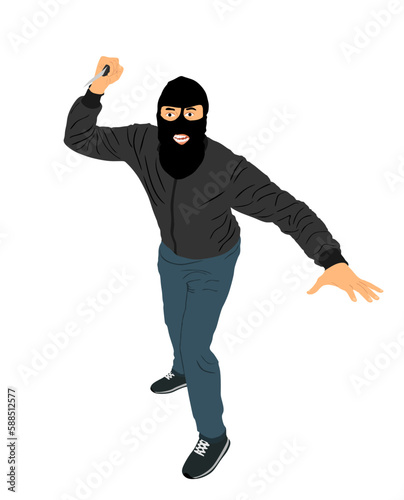 Burglar in phantom mask with knife in hand attacking on victim vector illustration isolated on white background. Terrorist man with weapon in public. Armed housebreaker male treat for life people.