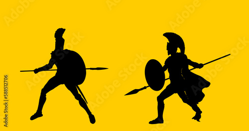 Greek hero ancient soldier in battle with spear and shield combat vector silhouette illustration isolated on background. Roman legionary, brave warrior in war. Gladiator symbol shadow man shape.
