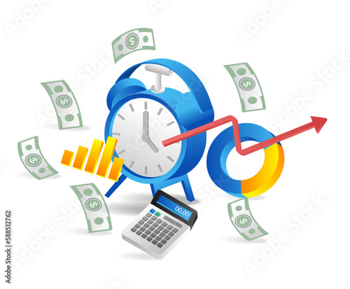 Time is money. Clock calculator and dollar. Vector illustration.