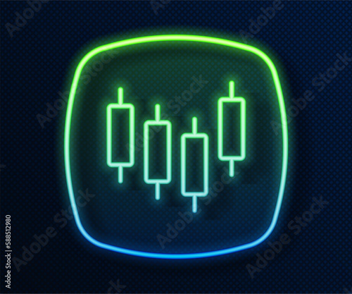 Glowing neon line Browser with stocks market growth graphs and money icon isolated on blue background. Monitor with stock charts arrow on screen. Vector