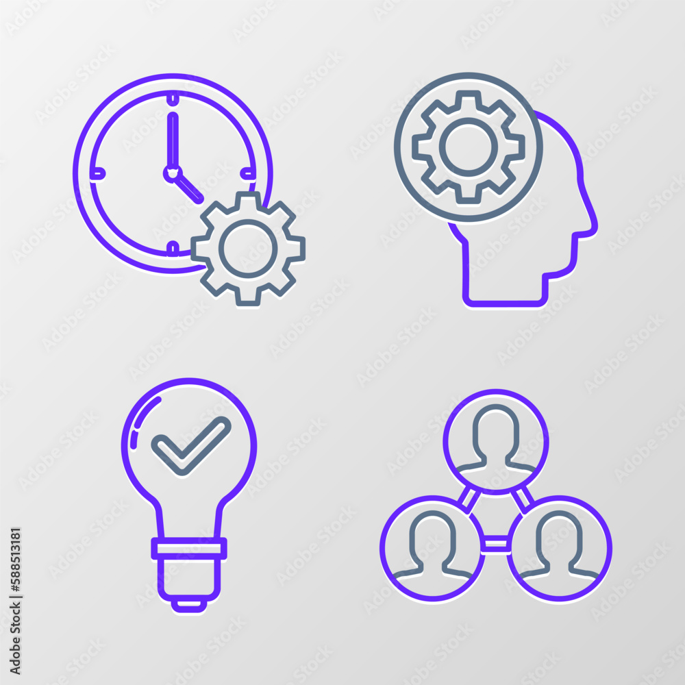 Set line Project team base, Light bulb and check mark, Human head with gear inside and Time Management icon. Vector Set line Project team base, Light bulb and check mark, Human head with gear inside and Time Management icon. Vector