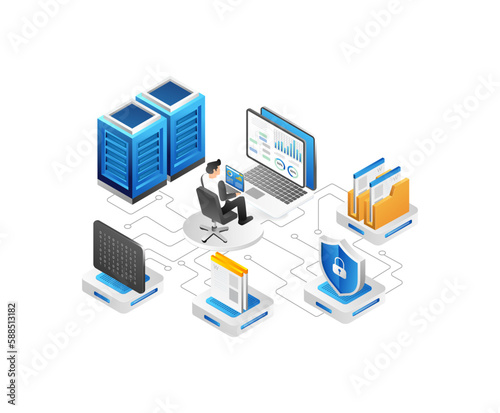 Data center isometric concept with server room and cloud computing symbols vector illustration