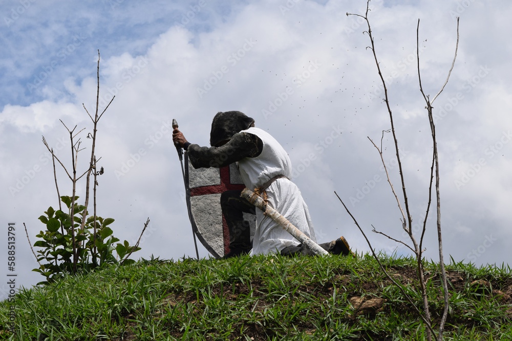 Obraz premium Knight templar kneeling in nature 