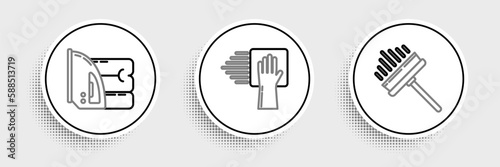 Set line Squeegee, scraper, wiper, Electric iron and towel and Cleaning service icon. Vector