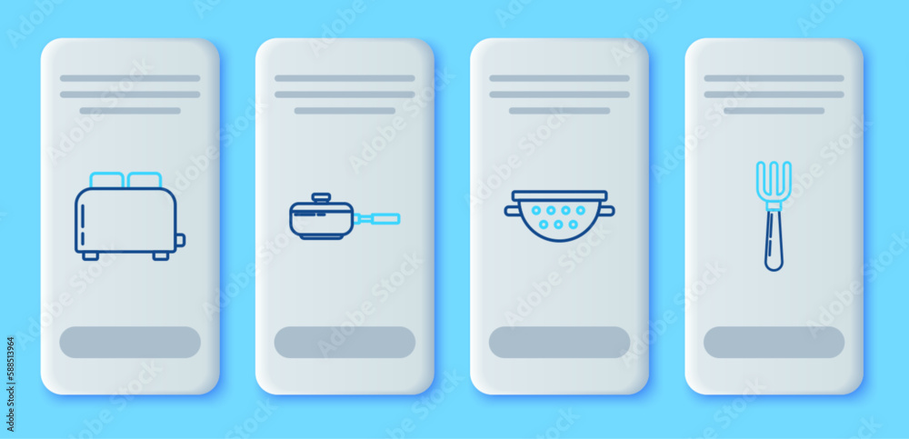 Set line Frying pan, Kitchen colander, Toaster with toasts and Fork icon. Vector