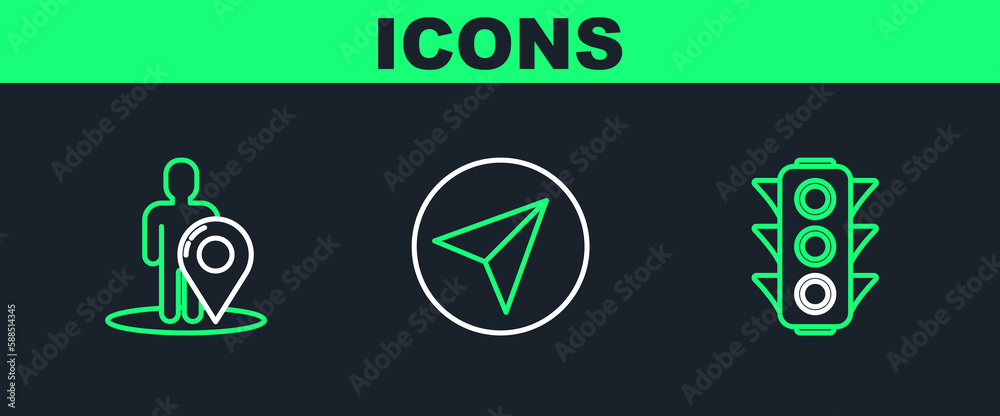 Set line Traffic light, Map marker with silhouette of person and Paper airplane icon. Vector Set line Traffic light, Map marker with silhouette of person and Paper airplane icon. Vector