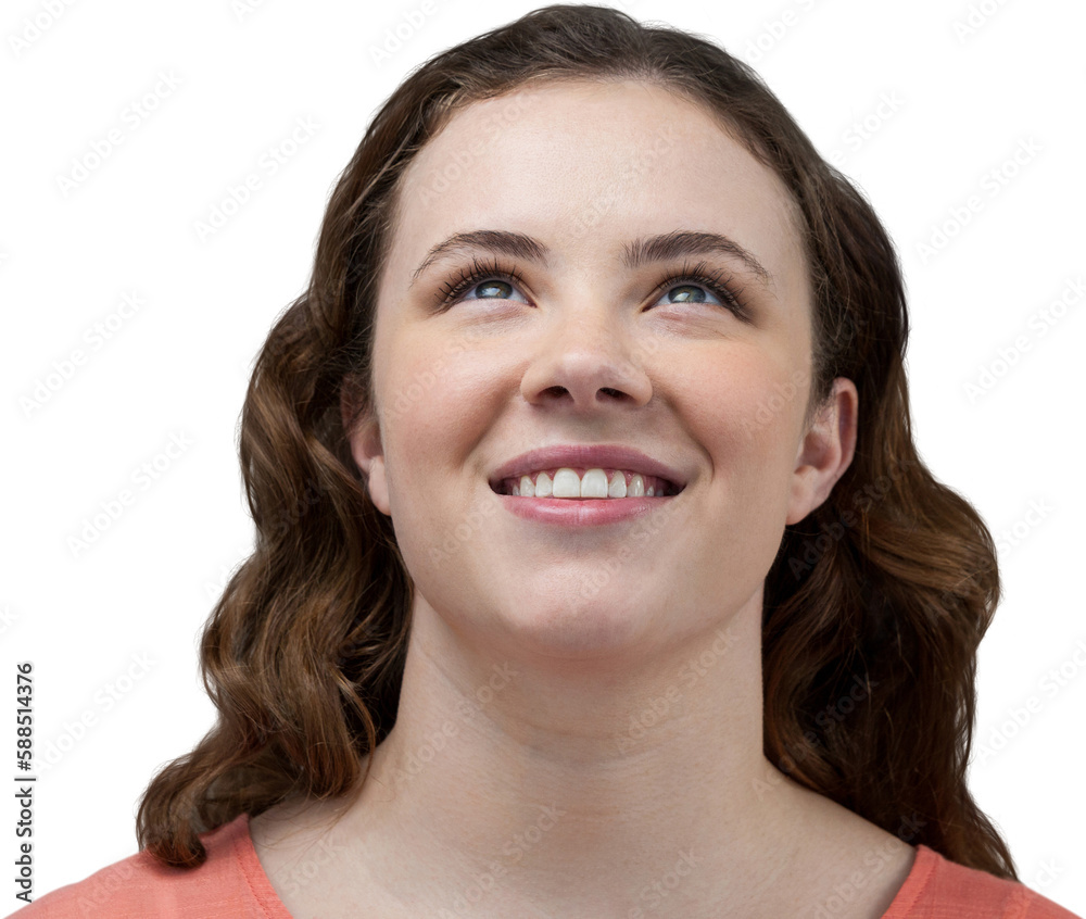 Close up of happy woman looking up Close up of happy woman looking up