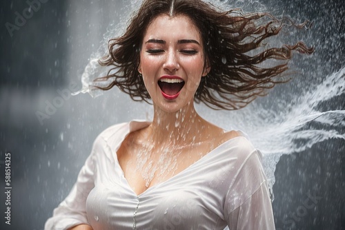 A refreshing surprise - a beautiful young woman wearing a white shirt soaked in water, a surprise prank, a generative AI illustration